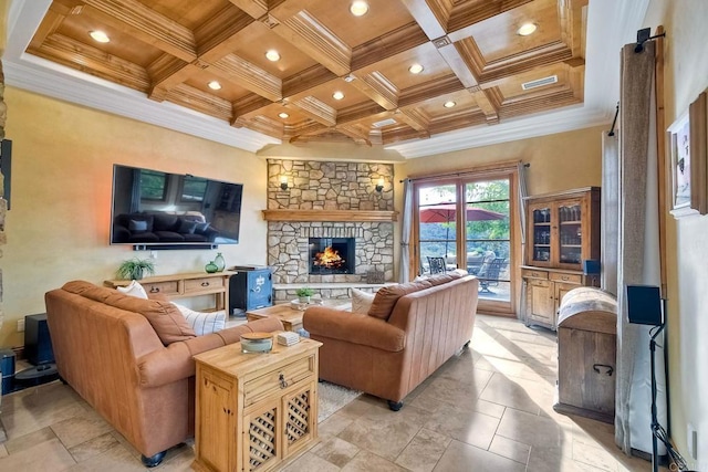 living room with beam ceiling, crown molding, a fireplace, and coffered ceiling