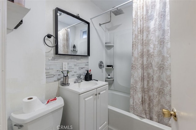 full bathroom with shower / bath combination with curtain, vanity, tasteful backsplash, and toilet