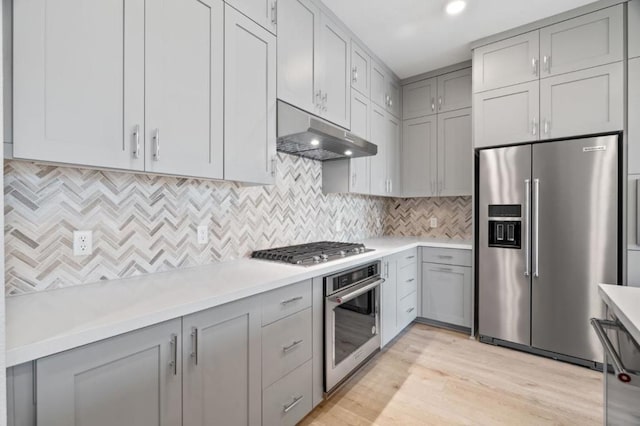 kitchen featuring light wood-type flooring, decorative backsplash, gray cabinets, and stainless steel appliances