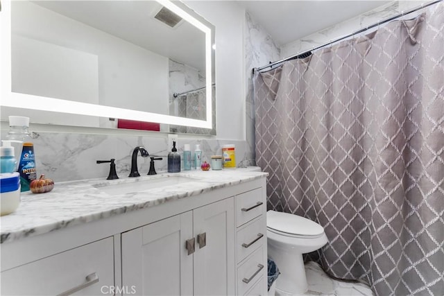 bathroom featuring backsplash, vanity, tile walls, toilet, and curtained shower