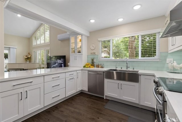 kitchen with an AC wall unit, wall chimney range hood, white cabinetry, stainless steel appliances, and sink