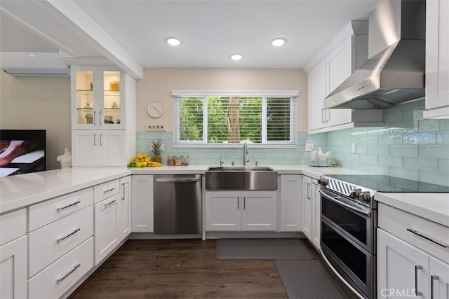 kitchen featuring white cabinetry, wall chimney range hood, stainless steel appliances, sink, and backsplash