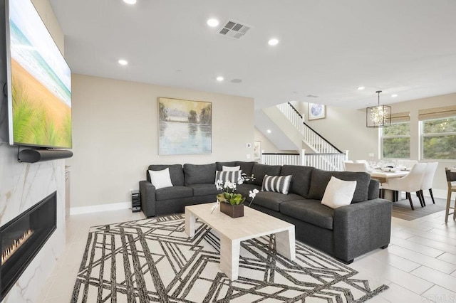 living room with a fireplace