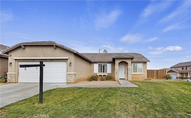 single story home featuring a front yard and a garage