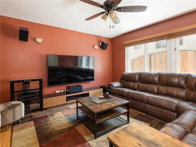 living room featuring ceiling fan