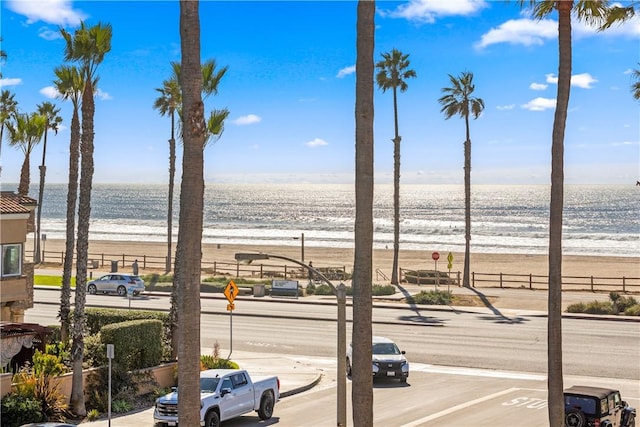 view of water feature with a beach view