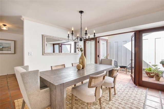 tiled dining space with a chandelier and ornamental molding