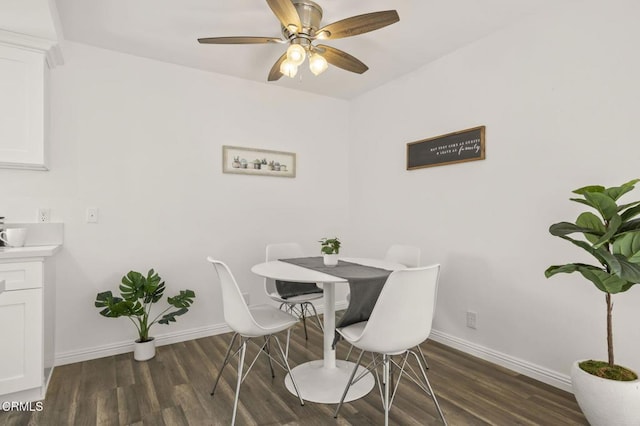 dining area featuring ceiling fan and dark wood-type flooring