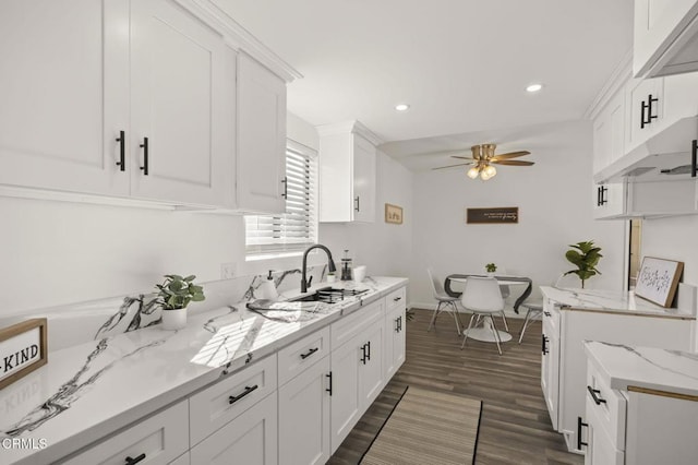 kitchen with ceiling fan, white cabinets, light stone countertops, and sink