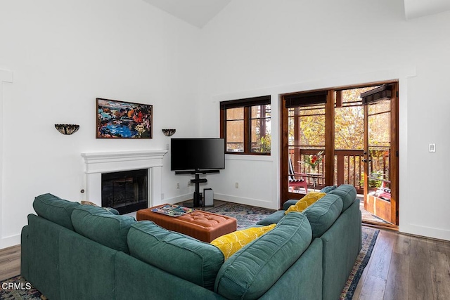 living room featuring dark hardwood / wood-style flooring and high vaulted ceiling