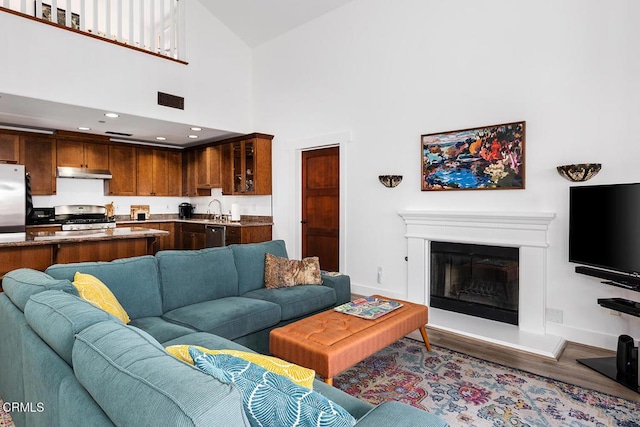 living room with hardwood / wood-style flooring, sink, and high vaulted ceiling