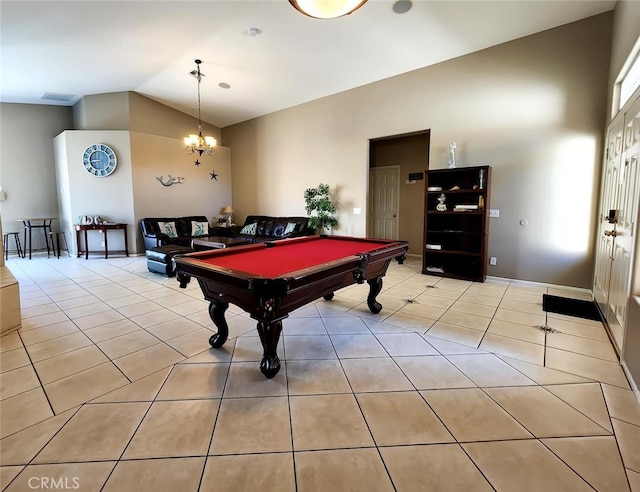 playroom featuring high vaulted ceiling, light tile patterned floors, pool table, and an inviting chandelier