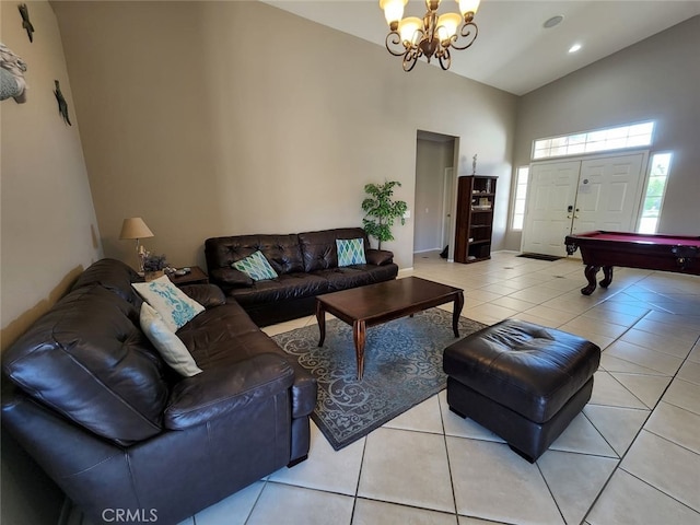 79534 Dandelion Dr, La Quinta, CA 92253 - living area featuring high vaulted ceiling, light tile patterned floors, a chandelier, billiards table, and recessed lighting