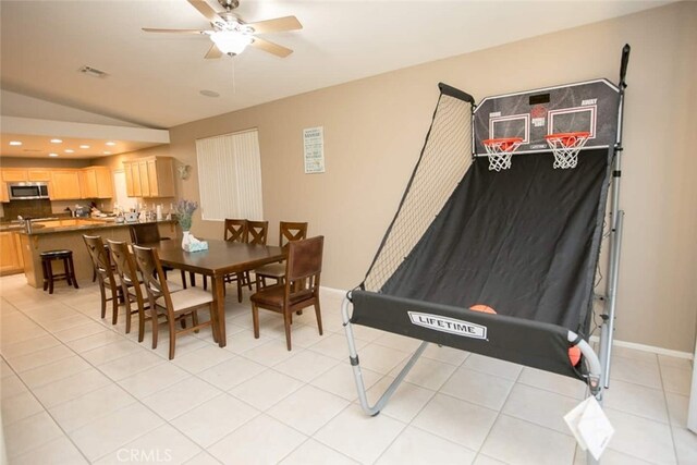 79534 Dandelion Dr, La Quinta, CA 92253 - dining area featuring a ceiling fan, vaulted ceiling, and recessed lighting