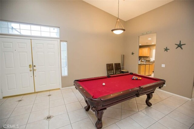 79534 Dandelion Dr, La Quinta, CA 92253 - recreation room with high vaulted ceiling, pool table, light tile patterned flooring, and baseboards