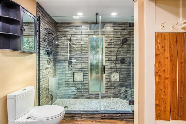 full bathroom featuring a shower stall and toilet