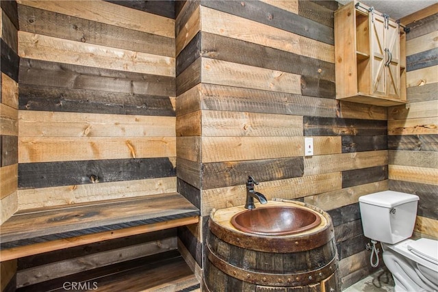 bathroom featuring vanity, toilet, and wooden walls