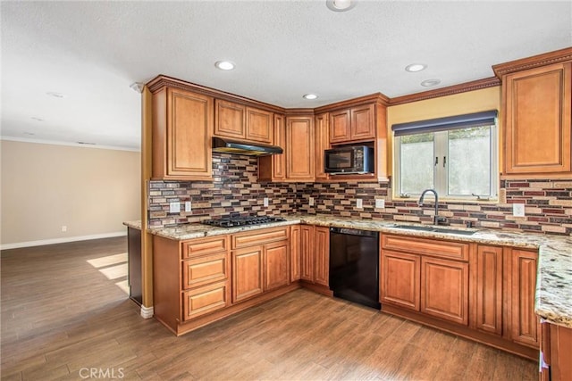 kitchen featuring tasteful backsplash, sink, dark hardwood / wood-style floors, and black appliances