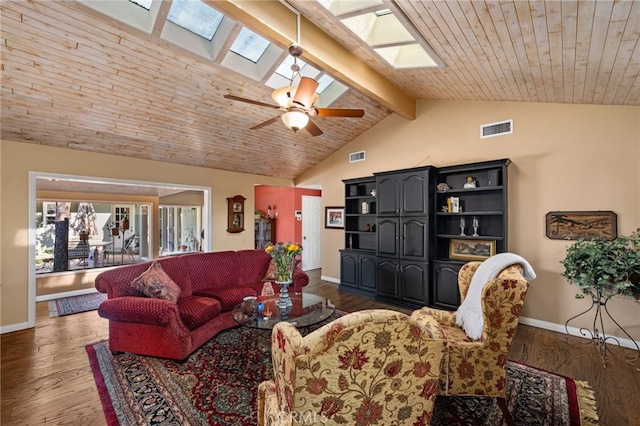 living room featuring lofted ceiling with skylight, ceiling fan, and dark wood-type flooring