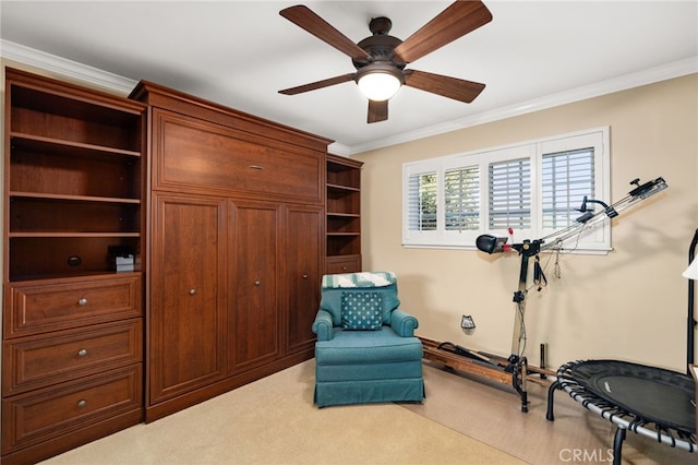 living area with light carpet, ceiling fan, and crown molding