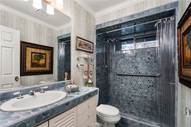 bathroom featuring vanity, toilet, ornamental molding, and walk in shower