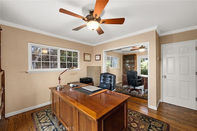 office space with crown molding and dark wood-type flooring