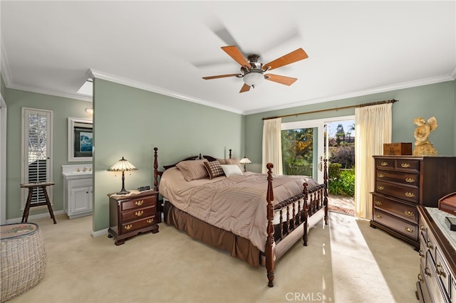 bedroom featuring ceiling fan, light colored carpet, ornamental molding, and access to outside