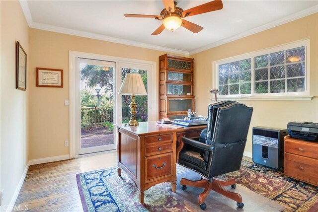home office featuring ceiling fan, a wealth of natural light, wood finished floors, and baseboards