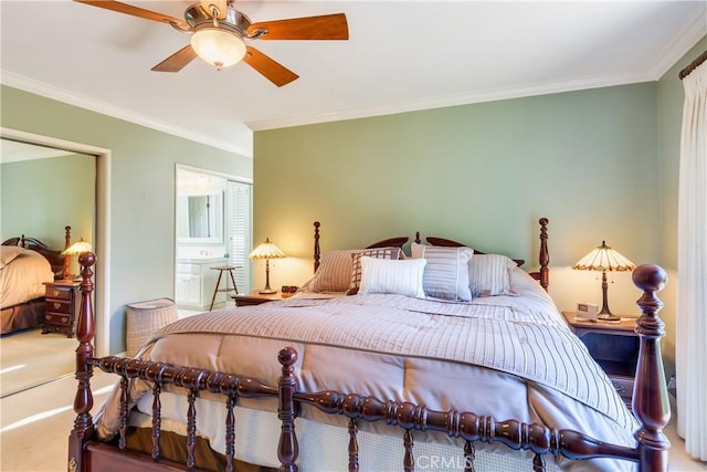 carpeted bedroom with crown molding and a ceiling fan