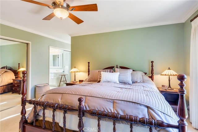 carpeted bedroom with ceiling fan and ornamental molding