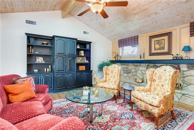 living area featuring visible vents, wooden ceiling, lofted ceiling with beams, and wood finished floors