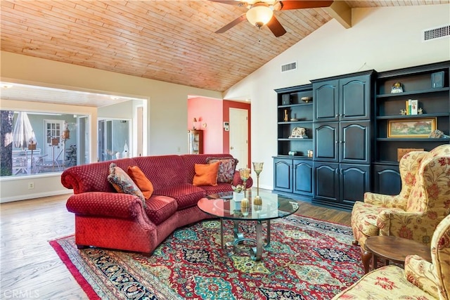 living area with lofted ceiling with beams, wood finished floors, visible vents, and wooden ceiling