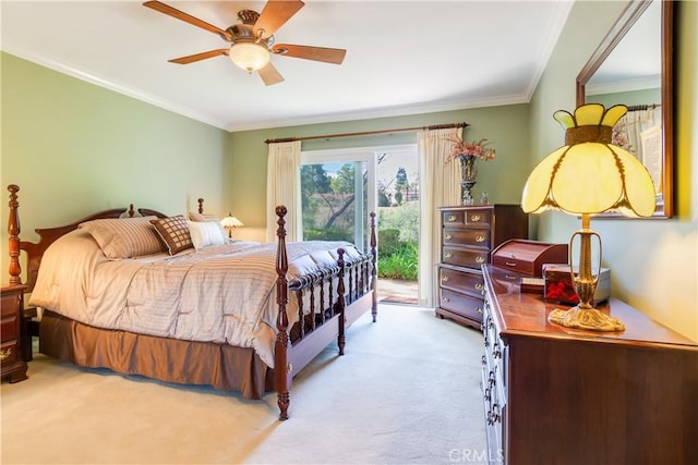 carpeted bedroom with crown molding, a ceiling fan, and access to outside