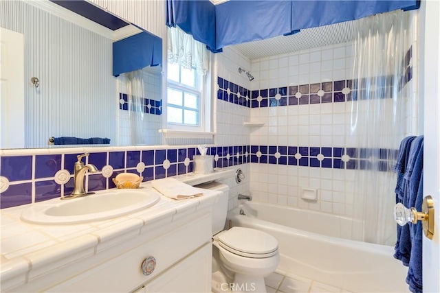 bathroom with tile patterned floors,  shower combination, tasteful backsplash, toilet, and vanity