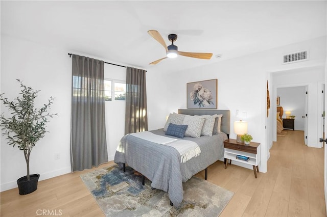 bedroom with ceiling fan and light wood-type flooring