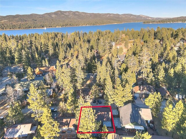 birds eye view of property with a wooded view and a water and mountain view