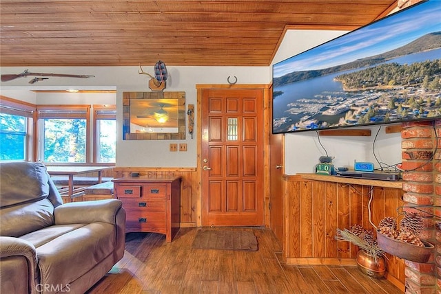 entrance foyer featuring wood ceiling and wood finished floors