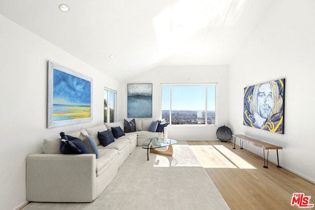 living room with light hardwood / wood-style flooring and lofted ceiling