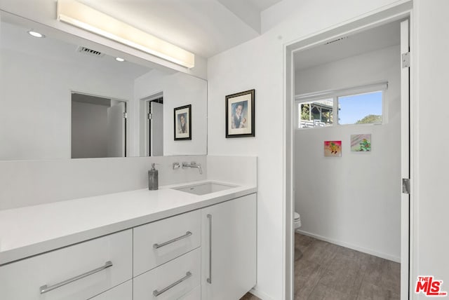 bathroom with hardwood / wood-style floors, vanity, and toilet