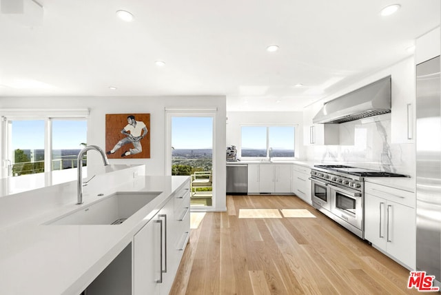 kitchen with high quality appliances, white cabinets, sink, light wood-type flooring, and extractor fan