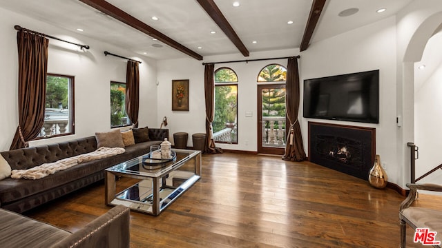 living room with beamed ceiling, dark hardwood / wood-style floors, and a wealth of natural light