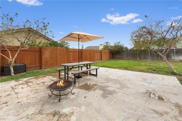 view of patio / terrace featuring an outdoor fire pit