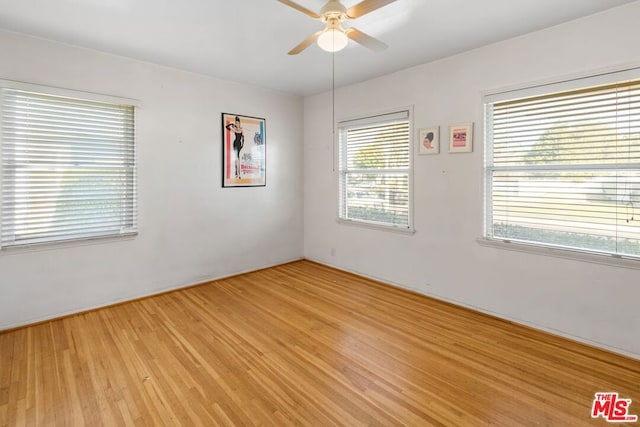 empty room with ceiling fan and light hardwood / wood-style floors