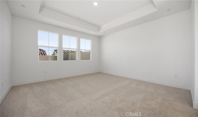 spare room featuring light carpet, crown molding, a raised ceiling, and baseboards