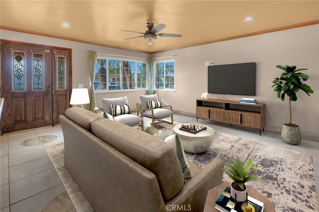 living room with light tile patterned floors, ceiling fan, and crown molding