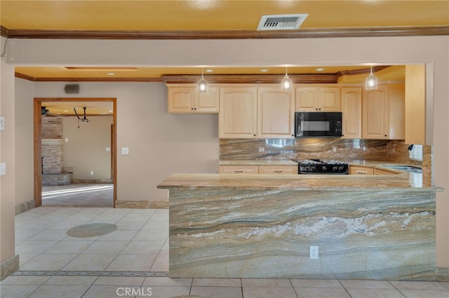 kitchen featuring tasteful backsplash, crown molding, decorative light fixtures, light tile patterned floors, and black appliances