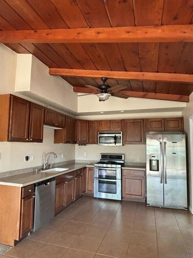 kitchen with appliances with stainless steel finishes, beamed ceiling, and wooden ceiling