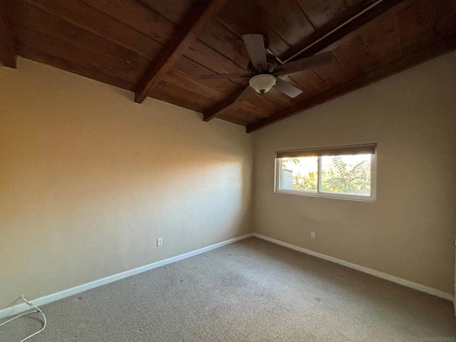 unfurnished room with ceiling fan, carpet flooring, wood ceiling, and lofted ceiling with beams