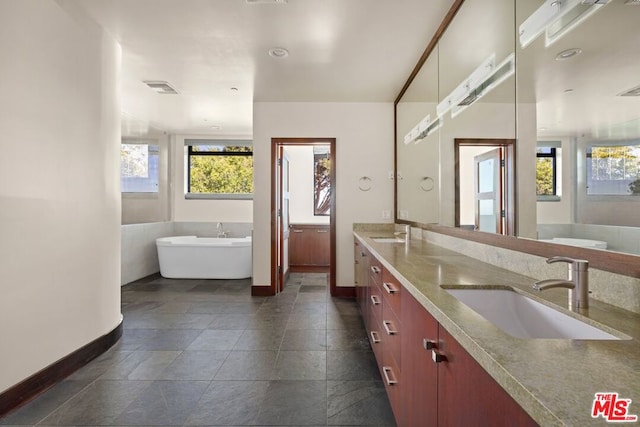 bathroom with a bathing tub and vanity