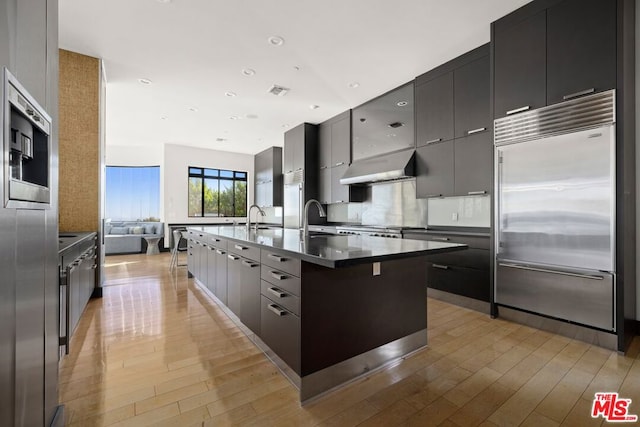 kitchen featuring sink, light hardwood / wood-style flooring, ventilation hood, built in appliances, and a kitchen island with sink